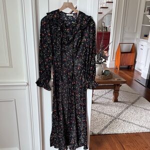 Doen Black Floral Ruffle Long-Sleeve Midi Dress